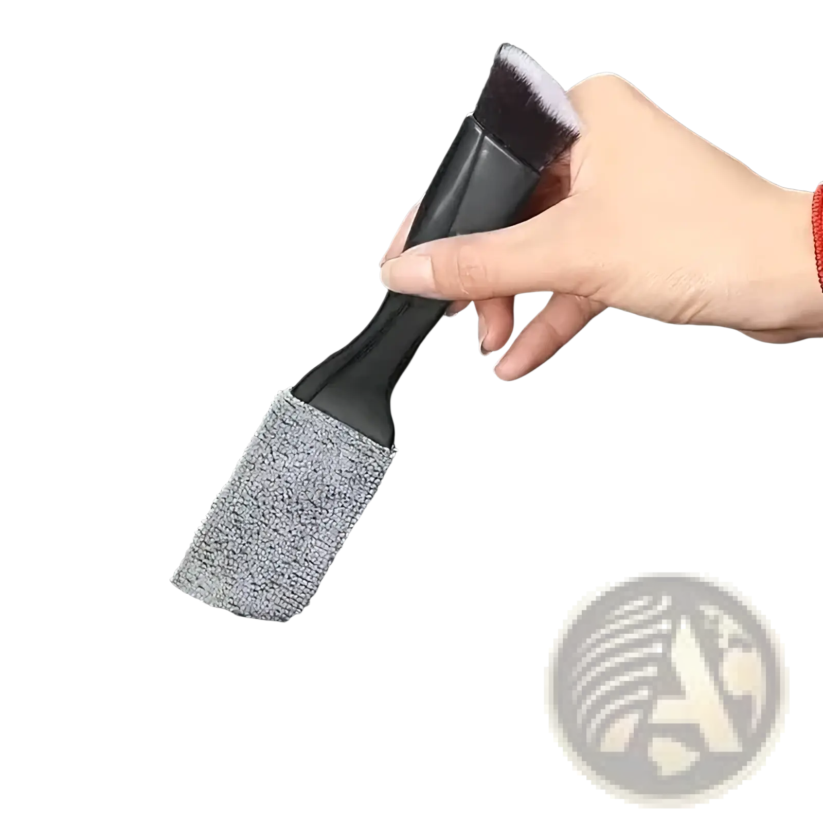 Black car interior detailing brush with soft gray microfiber head and dense bristles for effective cleaning