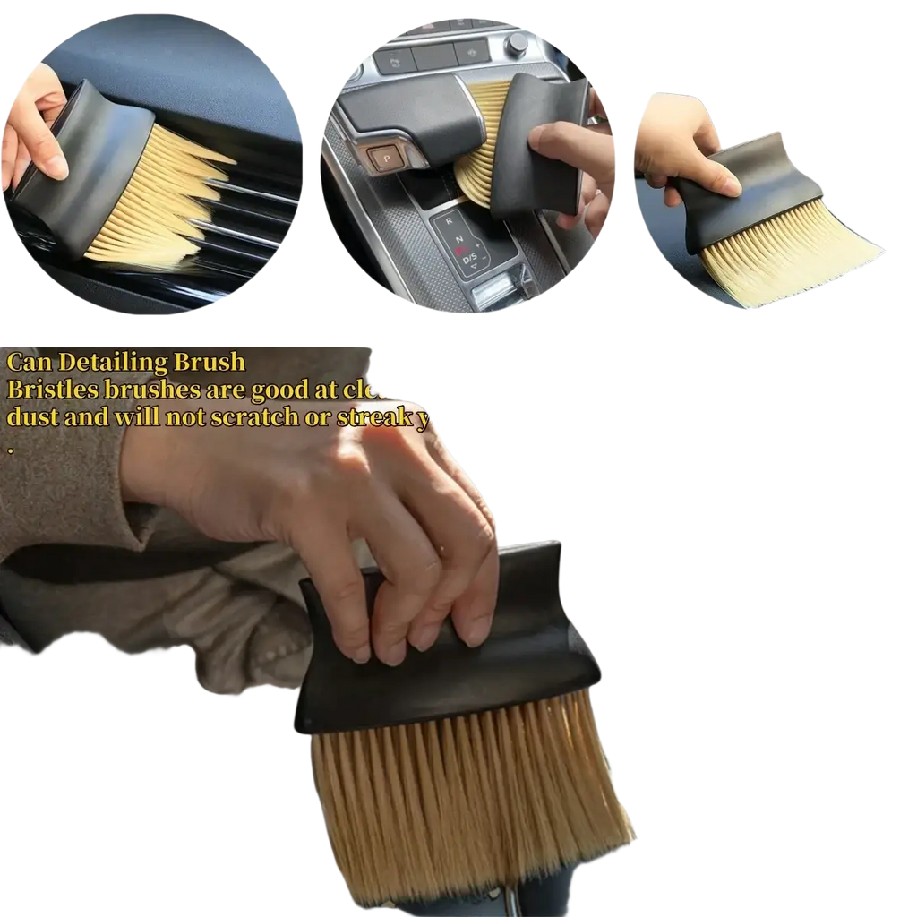 Black-handled car interior detailing dust brush with soft light brown bristles for gentle cleaning of car interiors