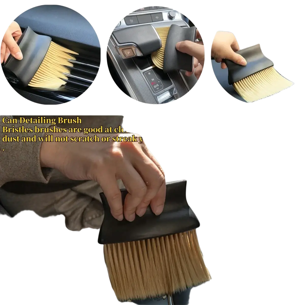 Black-handled car interior detailing dust brush with soft light brown bristles for gentle cleaning of car interiors