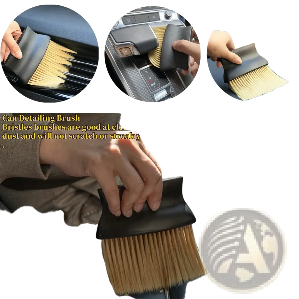 Black-handled car interior detailing dust brush with soft light brown bristles for gentle cleaning of car interiors