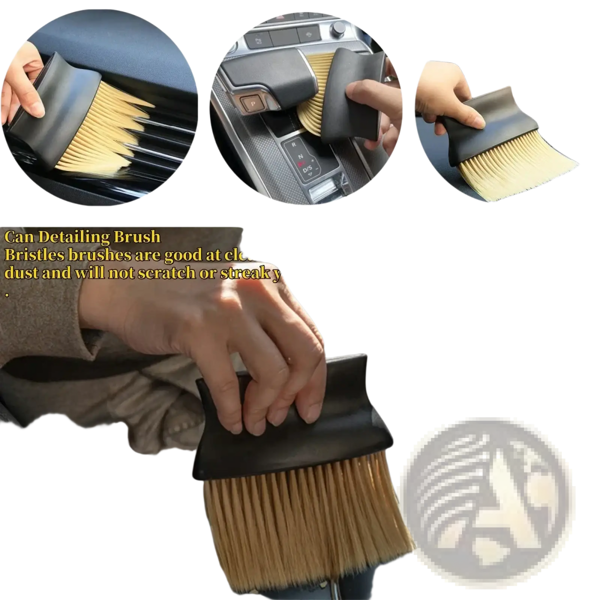 Black-handled car interior detailing dust brush with soft light brown bristles for gentle cleaning of car interiors