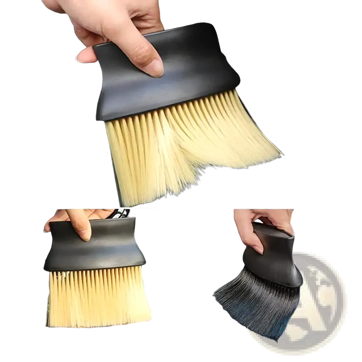 Black plastic-handled car interior detailing dust brush with soft light-colored bristles for cleaning vehicle interiors