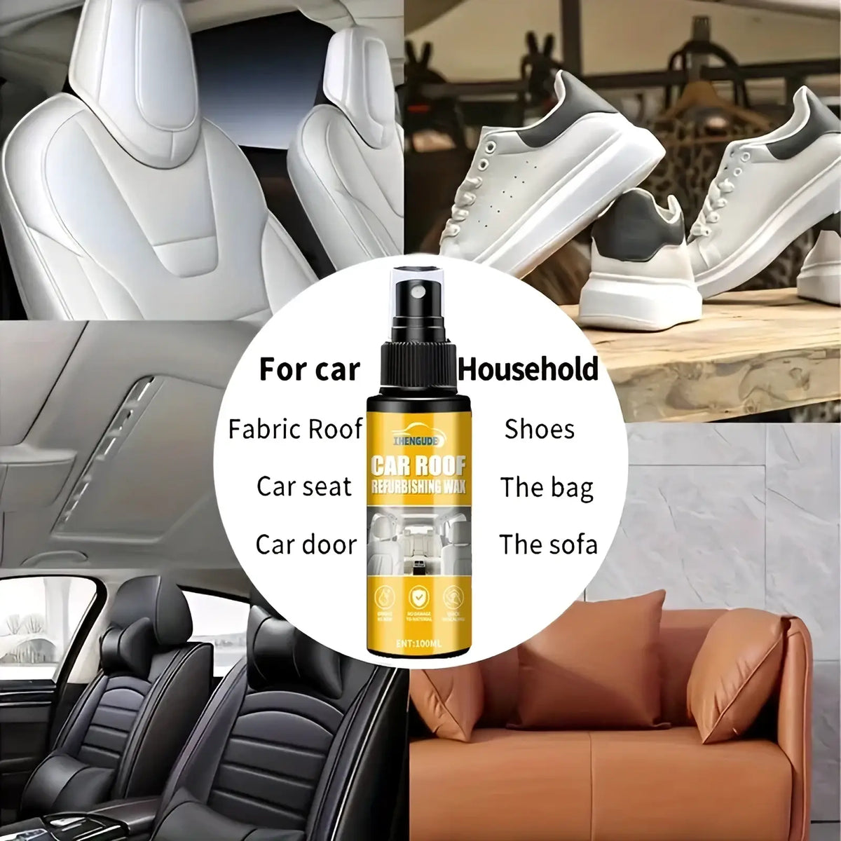 A sleek black spray bottle with a gold label and white text for car roof refinishing wax and interior detailing