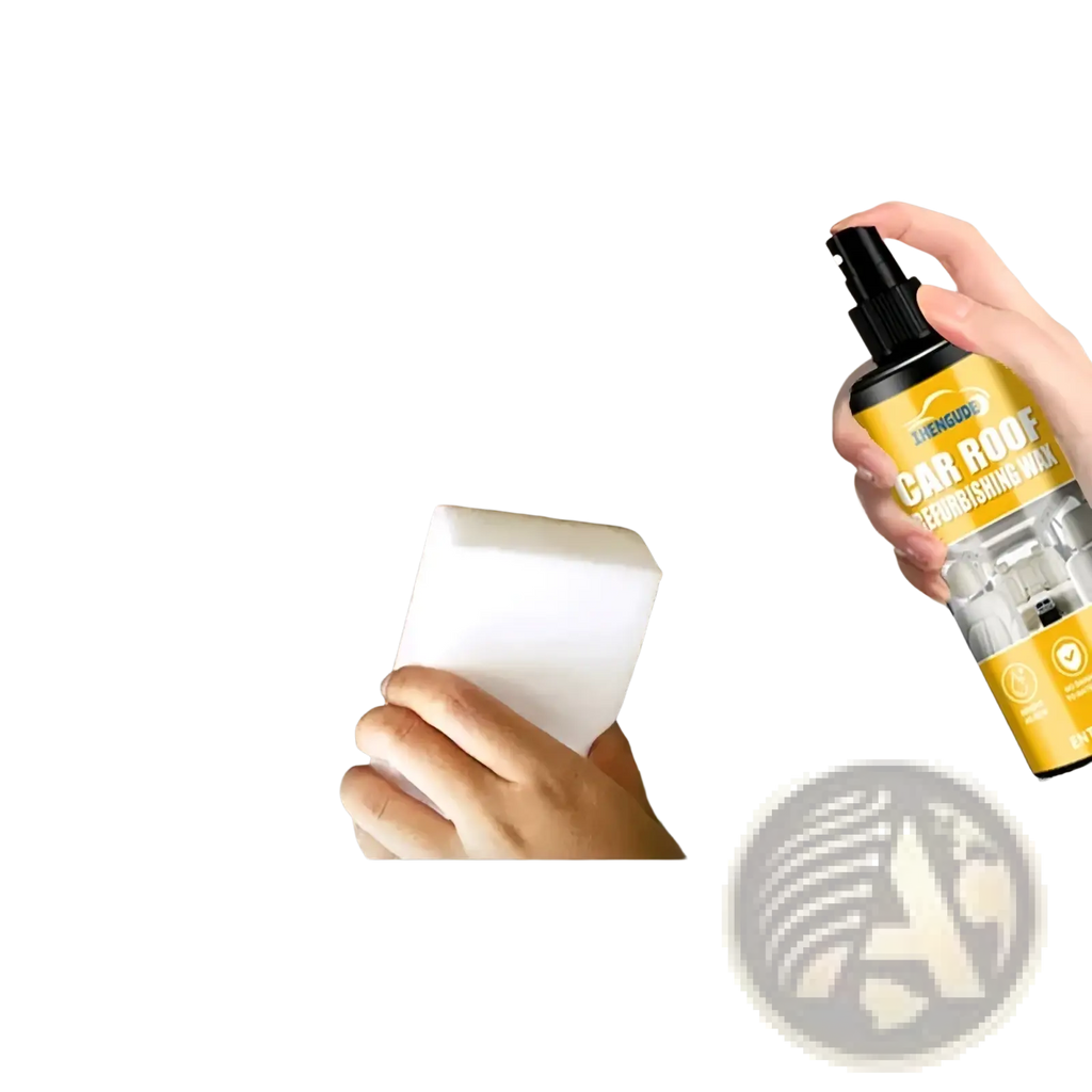 Yellow car interior detailing spray bottle with black nozzle labeled car roof rebushing wax for restoring car roof surfaces