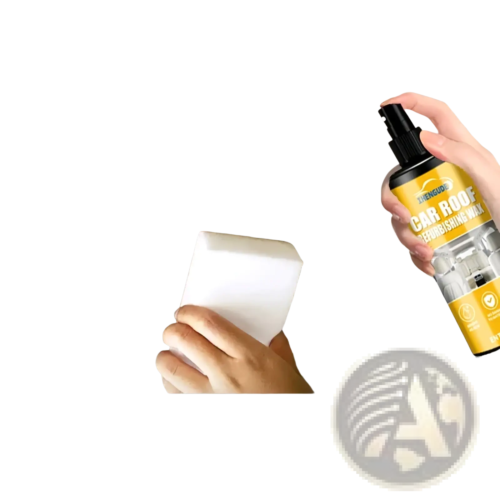 Yellow car interior detailing spray bottle with black nozzle labeled car roof rebushing wax for restoring car roof surfaces
