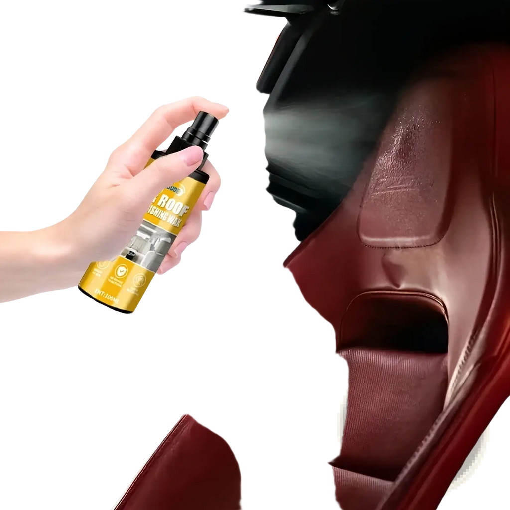 A yellow leather cleaning spray bottle with black nozzle is used to clean a red leather car seat for interior detailing