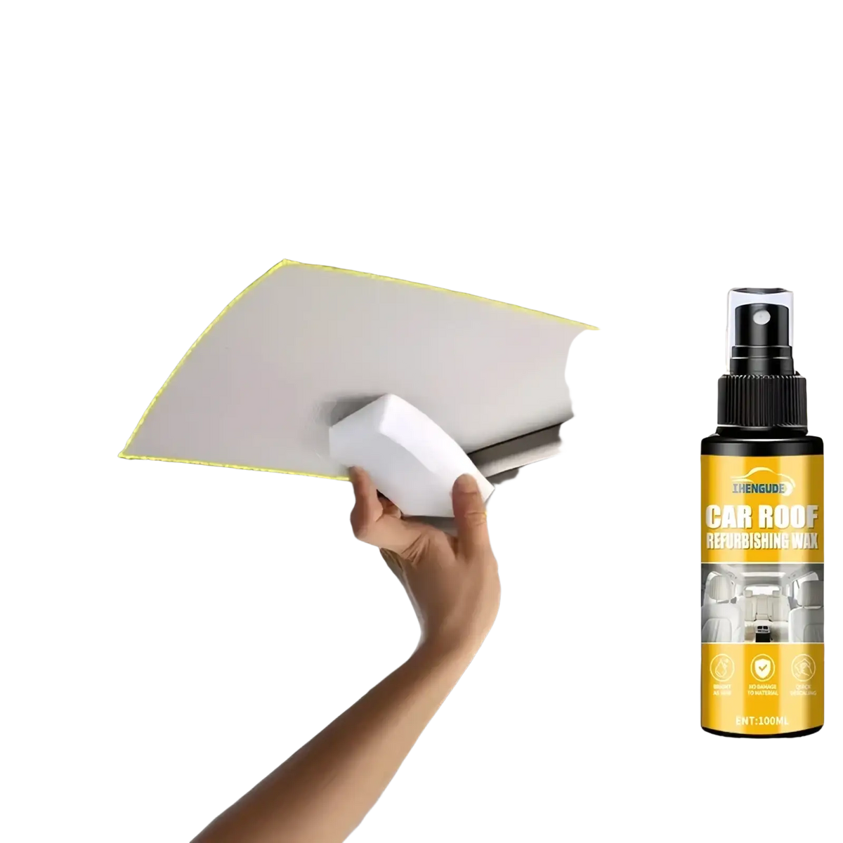 Black spray bottle of Zhenguide car roof refurbishing wax with yellow label for car interior detailing and leather cleaning
