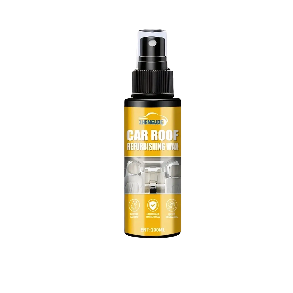 A sleek black 100ml zhenguide car interior detailing spray and leather cleaner with vibrant yellow label for refinishing