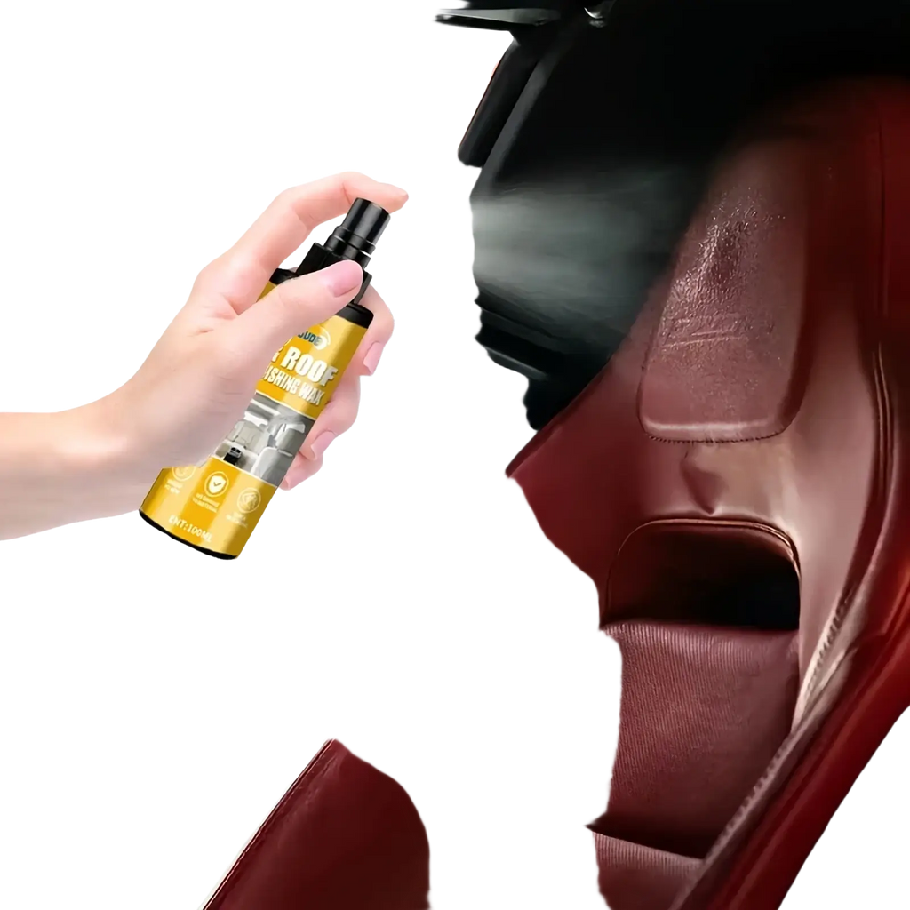 A yellow leather cleaning spray bottle with black nozzle is used to clean a red leather car seat for interior detailing