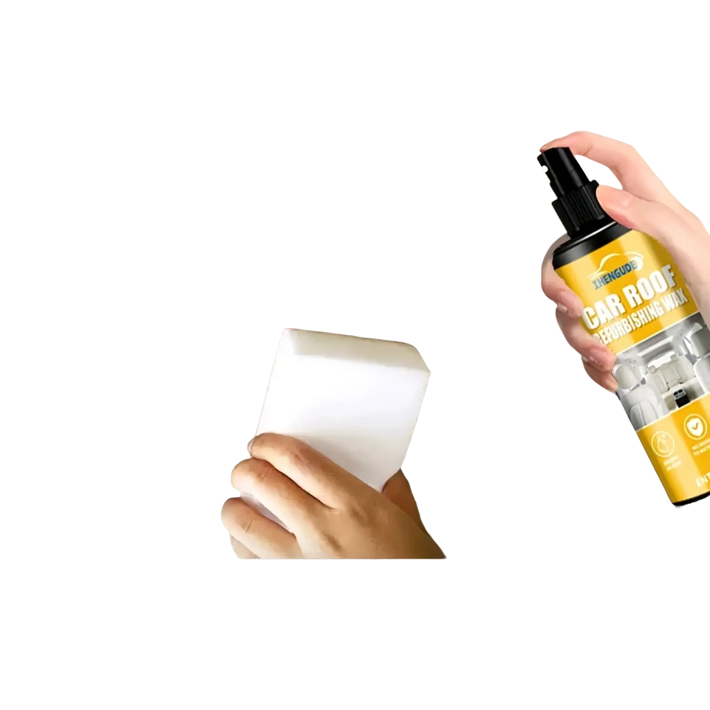 Yellow car interior detailing spray bottle with black nozzle labeled car roof rebushing wax for restoring car roof surfaces
