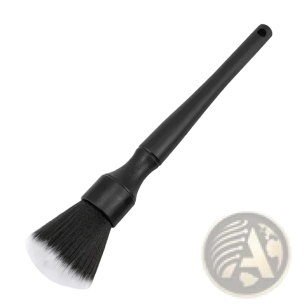 Black car interior soft bristle detailing brush with long handle and dense soft bristles for thorough cleaning