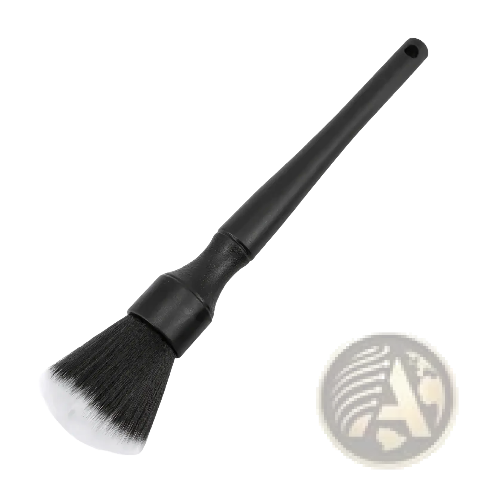 Black car interior soft bristle detailing brush with long handle and dense soft bristles for thorough cleaning