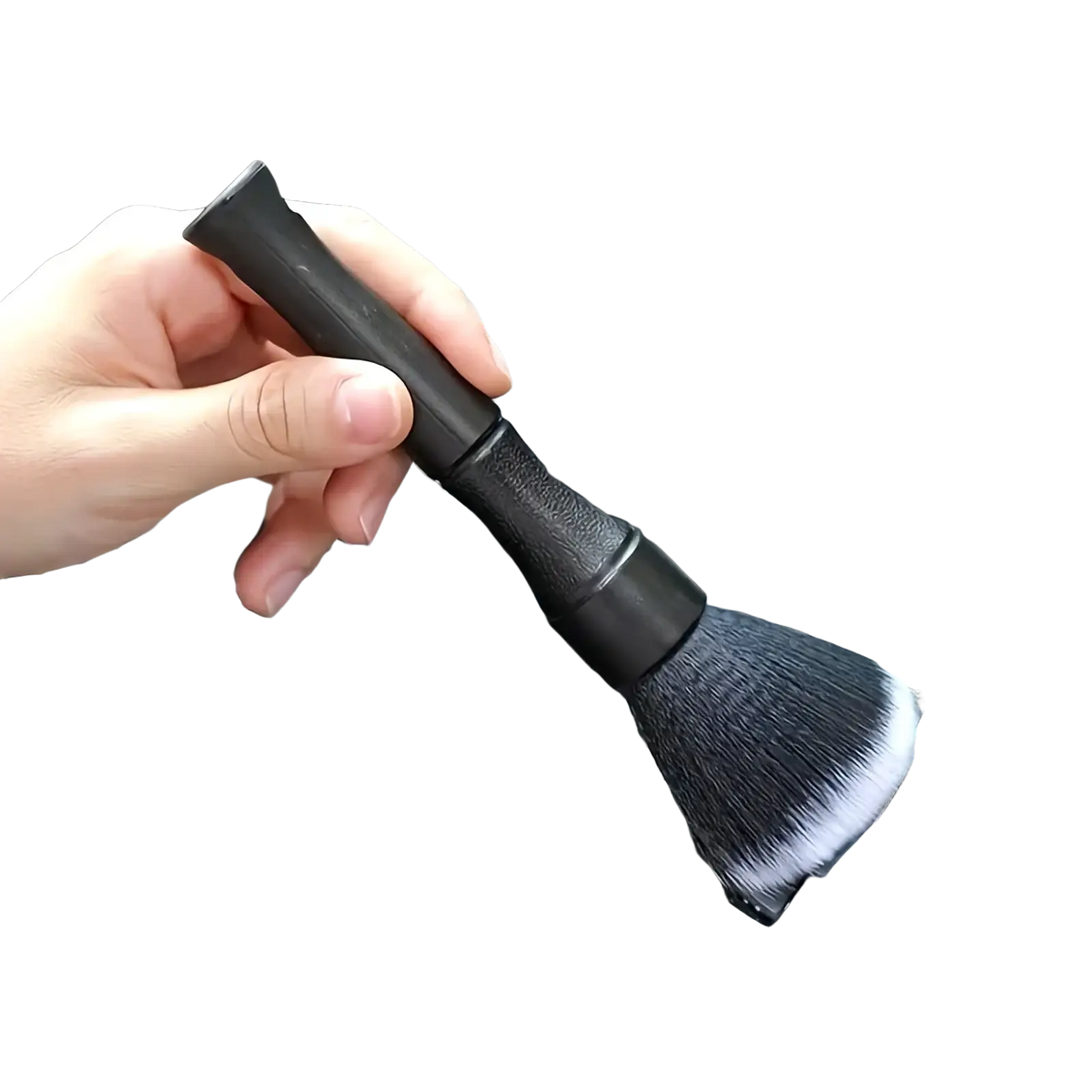 Black car interior soft bristle detailing brush with dense soft bristles and textured grip handle shown from the back side