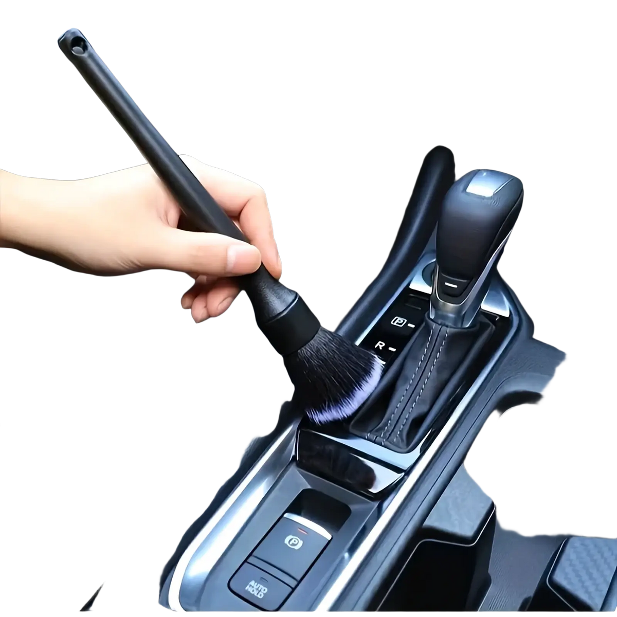 Black car interior soft bristle detailing brush with dense soft bristles and sleek handle for thorough cleaning