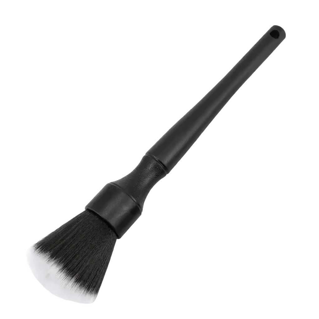 Black car interior soft bristle detailing brush with long handle and dense soft bristles for thorough cleaning