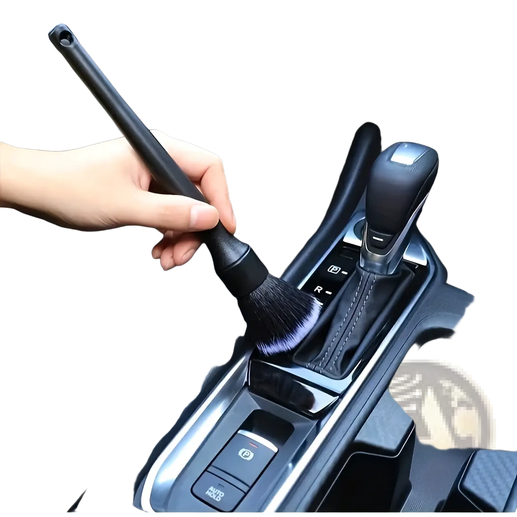 Black car interior soft bristle detailing brush with dense soft bristles and sleek handle for thorough cleaning