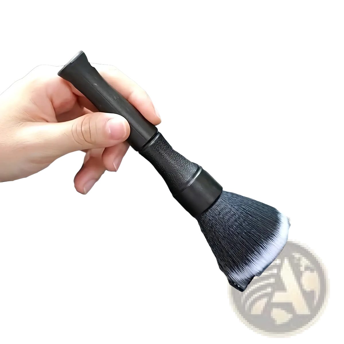 Black car interior soft bristle detailing brush with dense soft bristles and textured grip handle shown from the back side