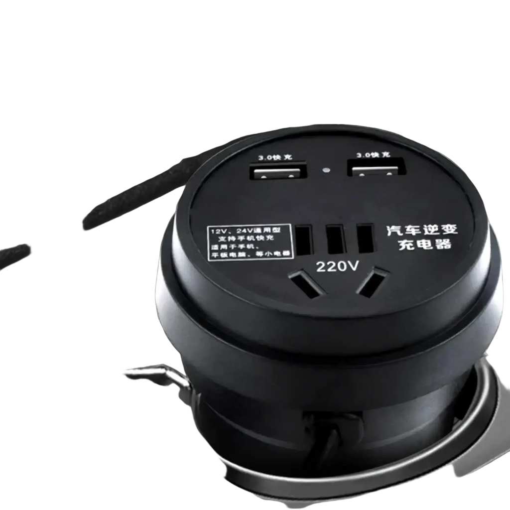 Black circular car inverter with two usb ports and 220v ac outlet for 12v 24v vehicle use
