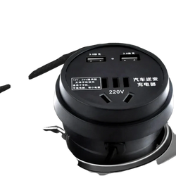 Black circular car inverter with two usb ports and 220v ac outlet for 12v 24v vehicle use