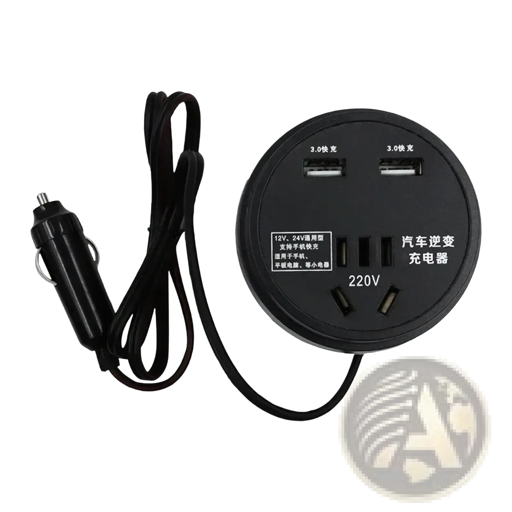 Black circular car inverter with two usb 3.0 ports and 220v ac outlet connected to cigarette lighter plug