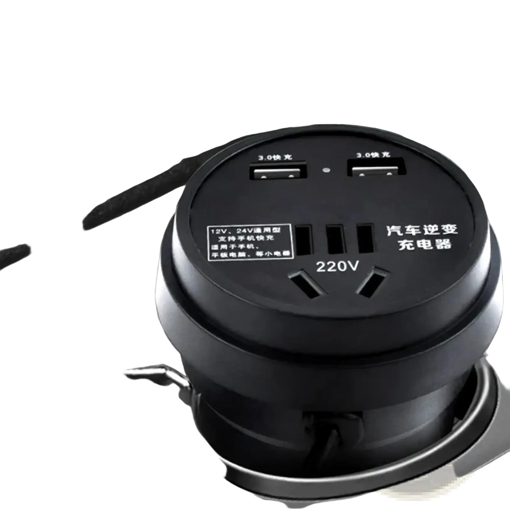 Black circular car inverter with two usb ports and 220v ac outlet for 12v 24v vehicle use