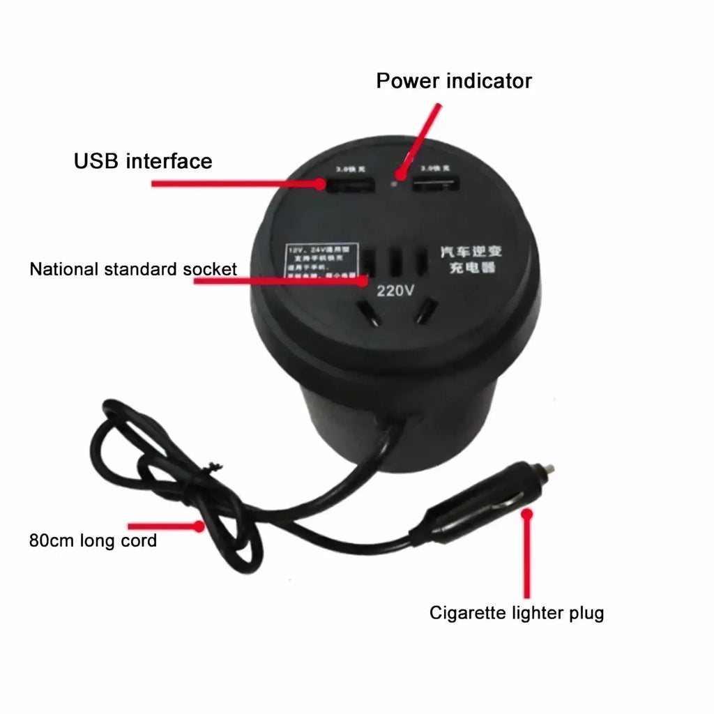 Black circular car inverter with usb ports national standard socket and 80cm cord for 12v 24v to 220v cup use