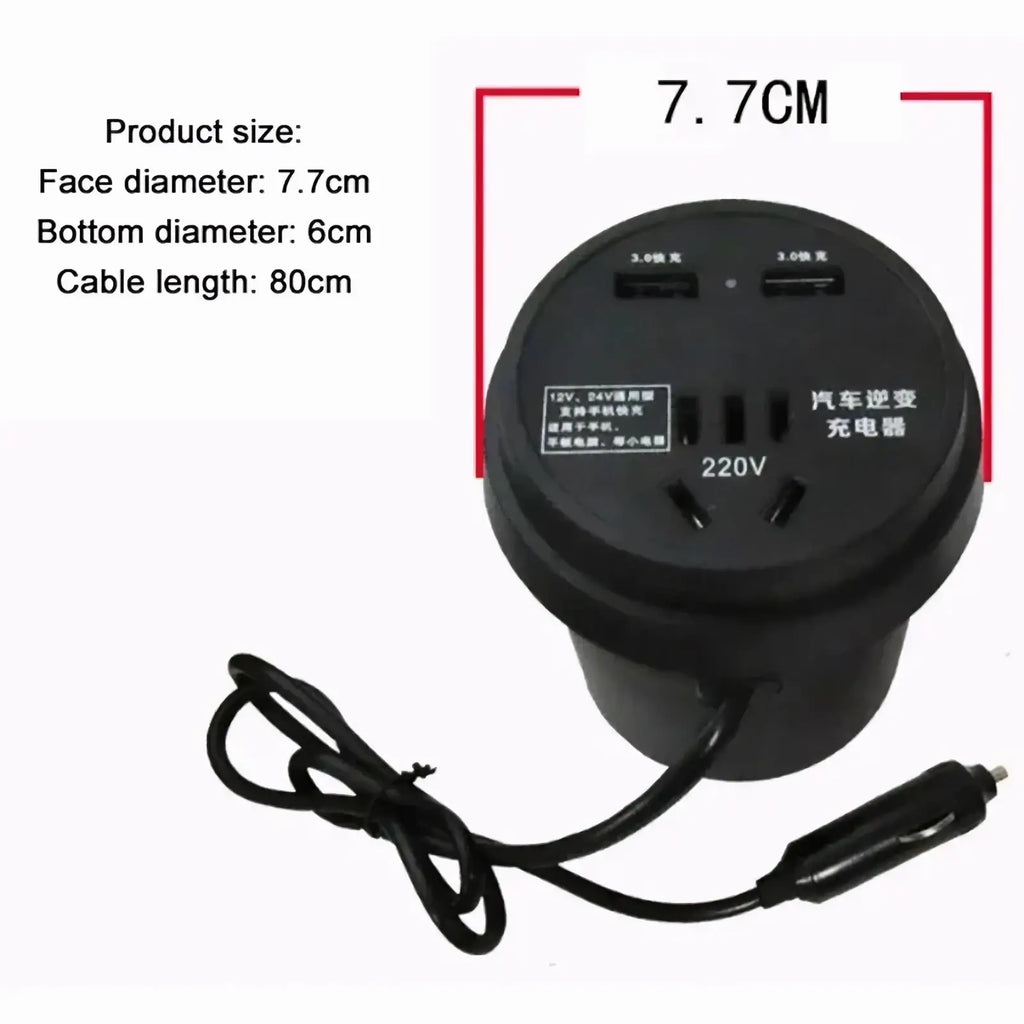 Black cylindrical car inverter with two usb ports and 220v ac outlet and coiled cable for 12v 24v cigarette lighter plug