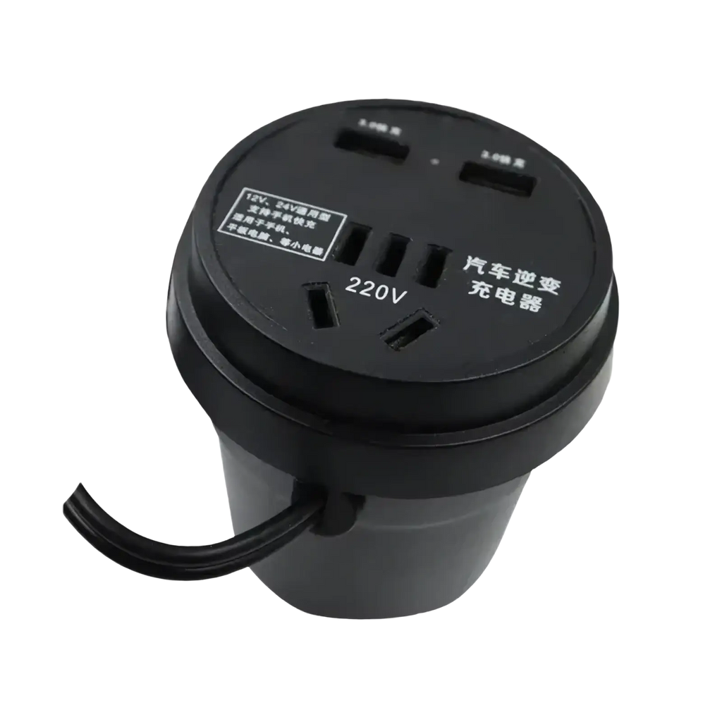 Black plastic car inverter charger with multiple usb and ac outlets for 12v 24v to 220v cup socket use
