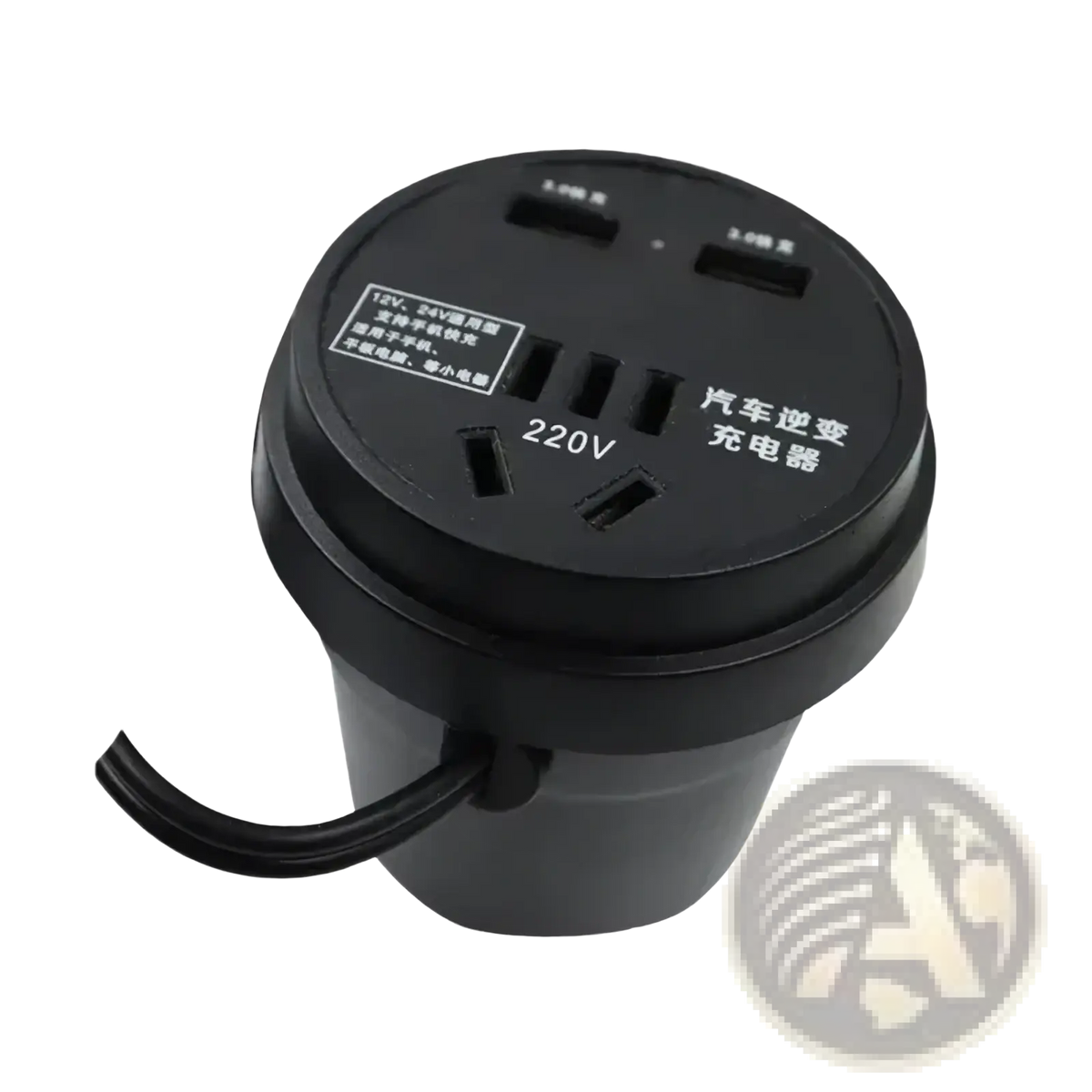 Black plastic car inverter charger with multiple usb and ac outlets for 12v 24v to 220v cup socket use