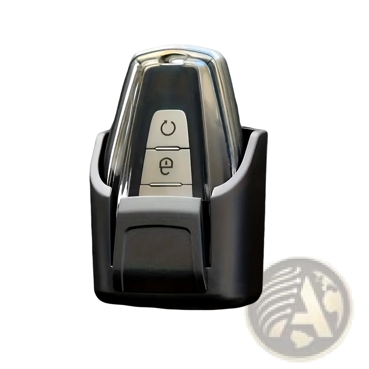 Chrome-finished car key fob with two buttons housed in sleek black plastic car key organizer dashboard storage box