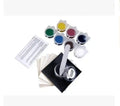Set of eight colorful paint pots with white plastic applicator and black paper backing for professional car leather repair kit