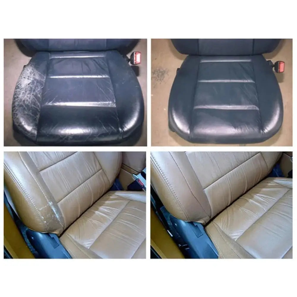 Black leather car seat before and after cleaning compared with tan leather seat using professional car leather repair kit
