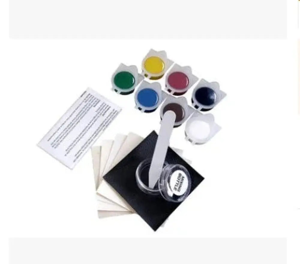 Set of eight colorful paint pots with white plastic applicator for professional car leather and interior repair kit