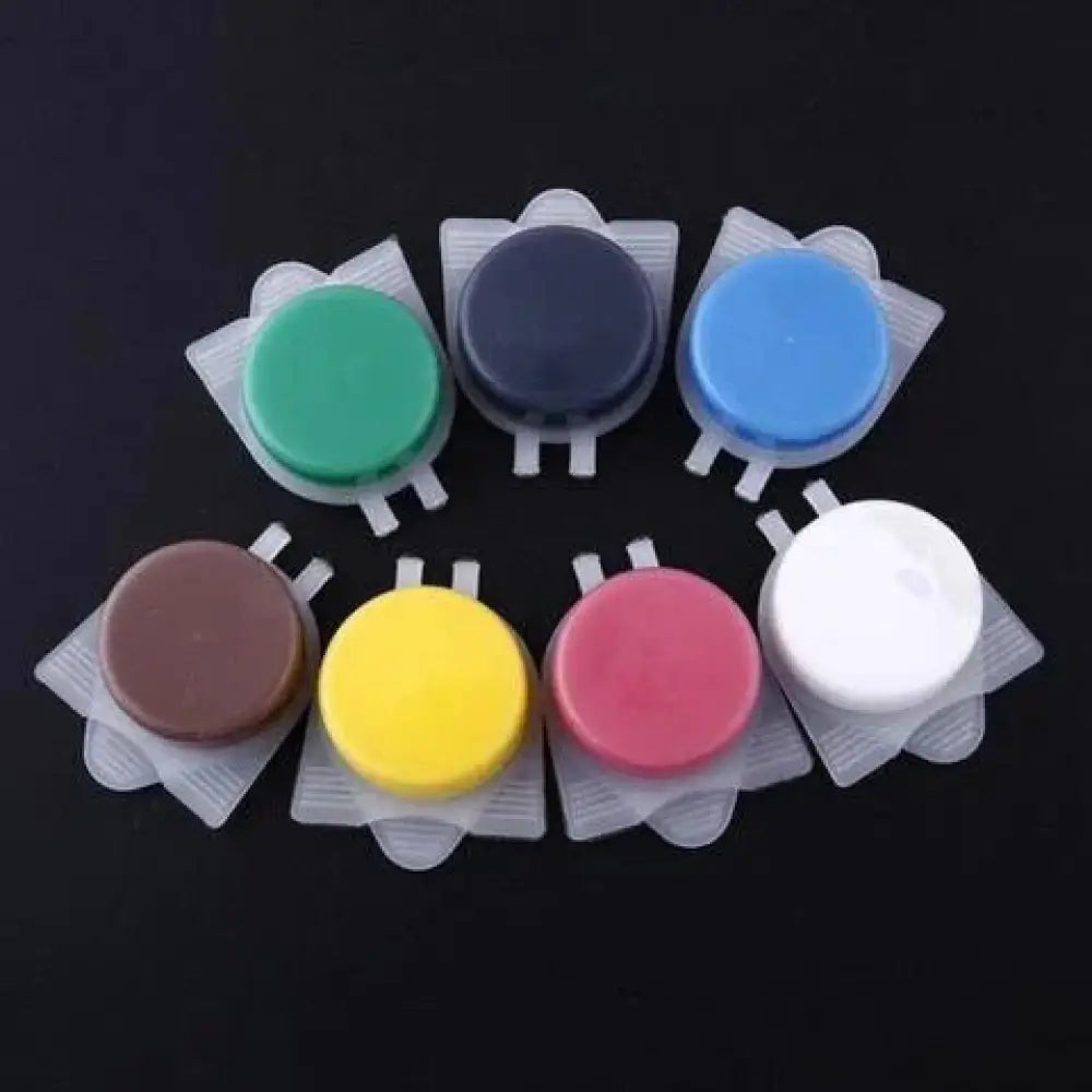Six colorful round plastic button caps in green navy blue light blue brown yellow and pink for professional car leather and interior repair kit
