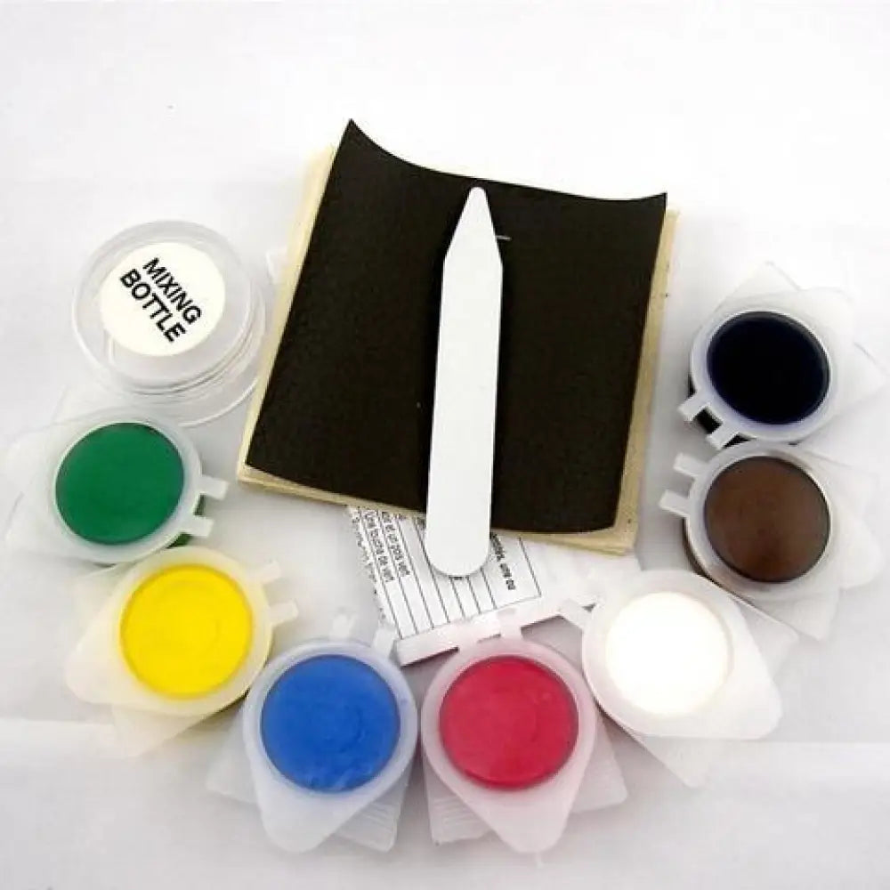 Set of six colorful round plastic-capped paint pots arranged with a mixing bottle and black sponge for car leather repair
