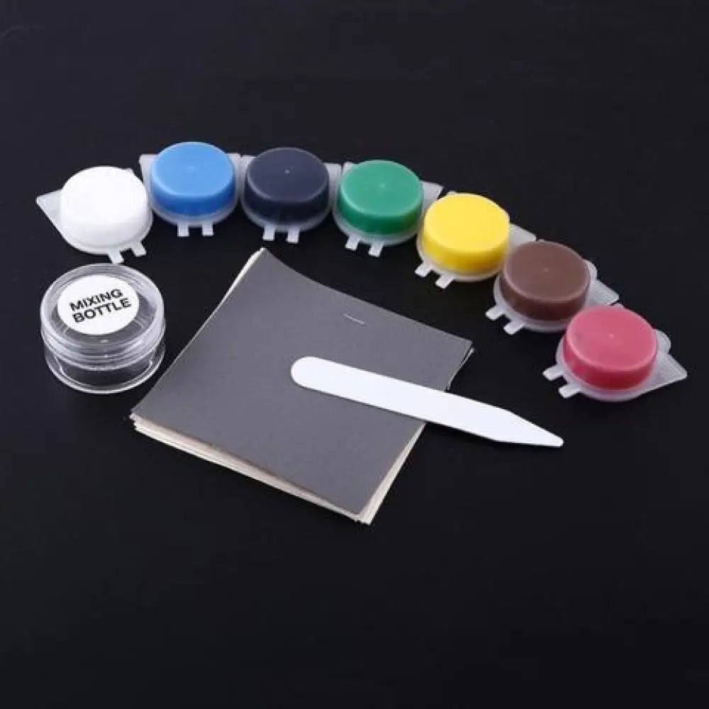 Set of six colorful round acrylic paint pots with clear mixing bottle for professional car leather and interior repair kit