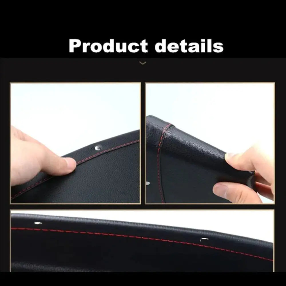 Black leather car seat gap organizer with red stitching and metallic rivets made from premium PU leather