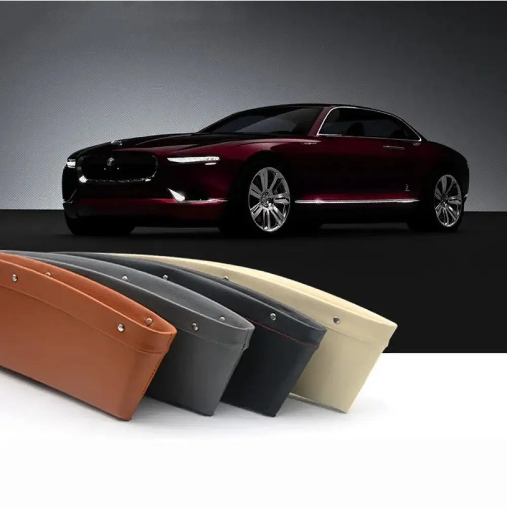 Premium pu leather car seat gap organizer in tan with sleek minimalist design and silver rivets