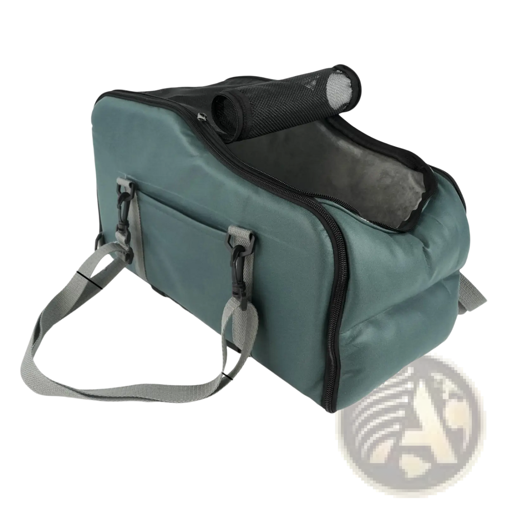 Teal car pet console carrier with black mesh and zipper accents featuring adjustable gray shoulder straps for travel