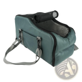Teal car pet console carrier with black mesh and zipper accents featuring adjustable gray shoulder straps for travel