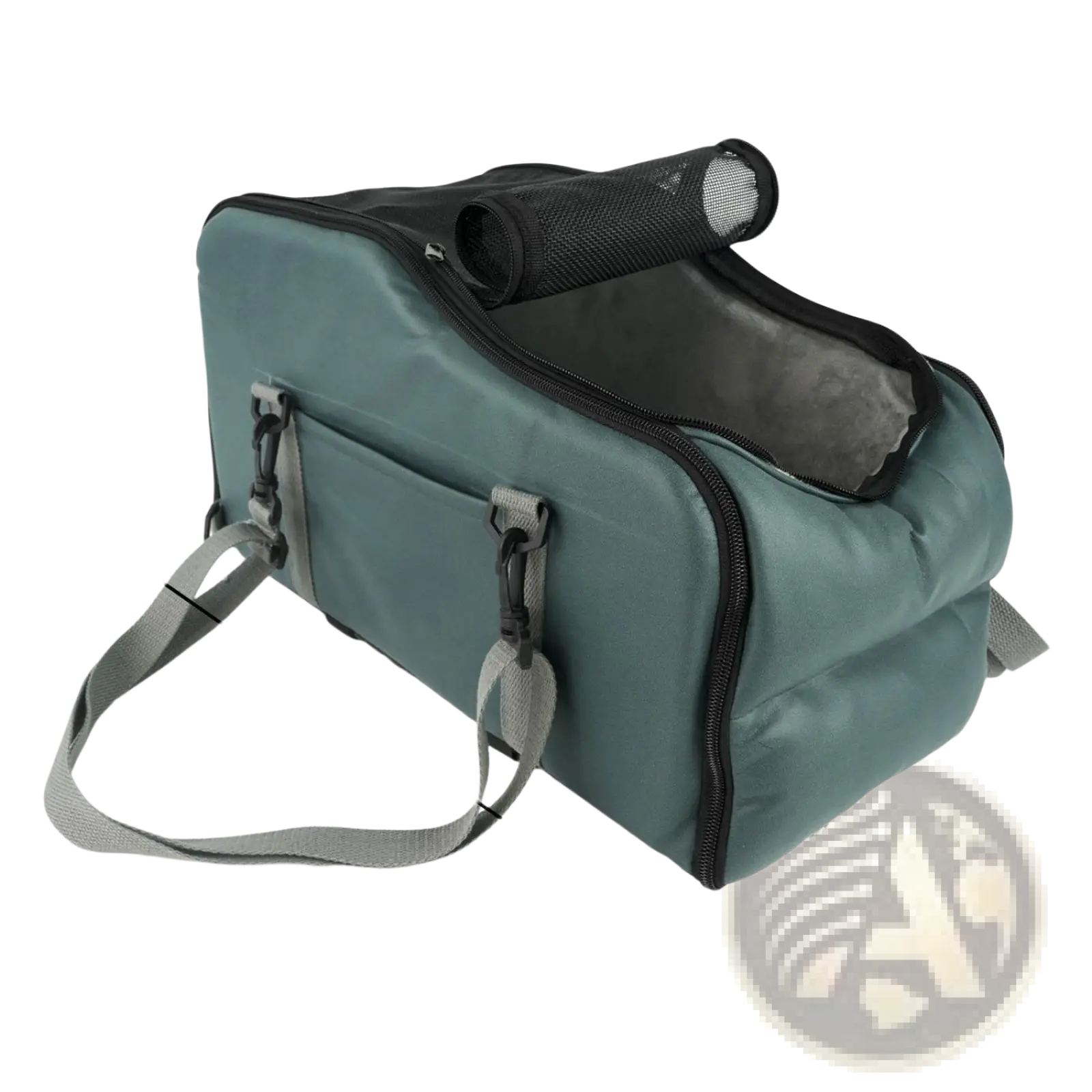 Teal car pet console carrier with black mesh and zipper accents featuring adjustable gray shoulder straps for travel
