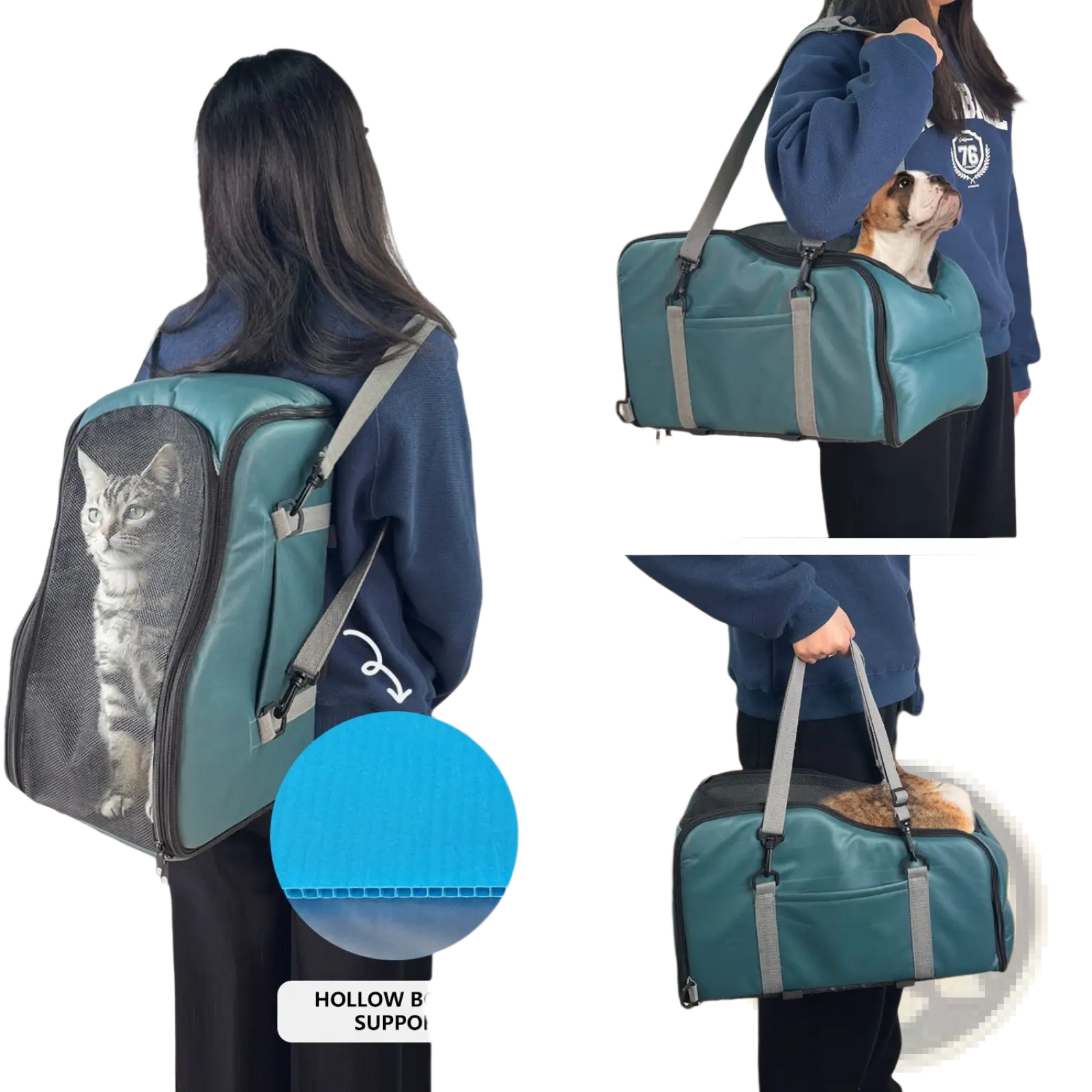 Teal car pet console carrier with mesh sides and gray straps washable portable travel mat for easy travel