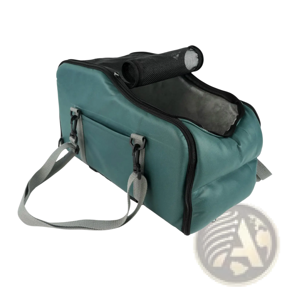 Teal car pet console carrier with black mesh lining gray adjustable straps washable portable travel mat
