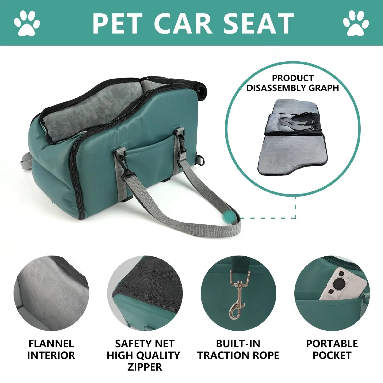 Teal car pet console carrier with washable plush flannel interior and gray adjustable straps for travel safety