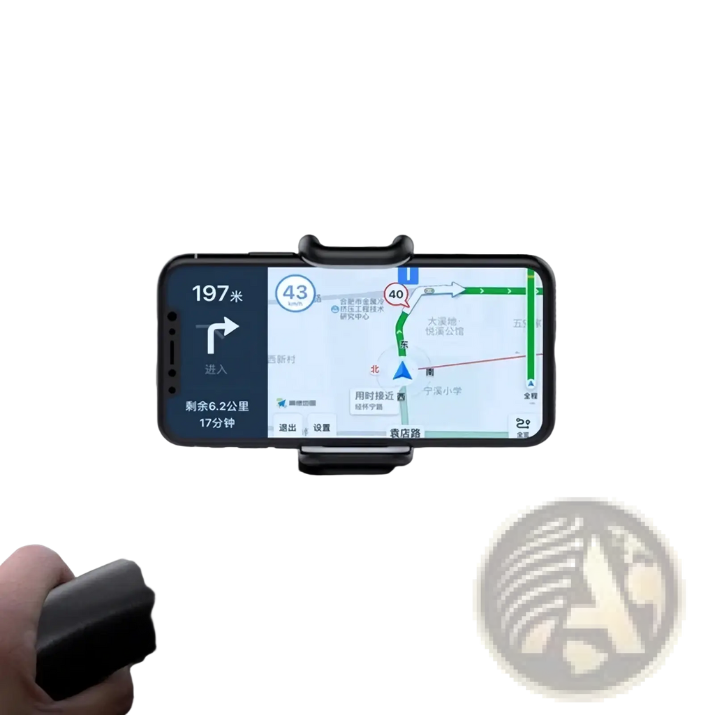Black smartphone mounted on car windshield using a 360 rotatable universal dashboard mount car phone holder