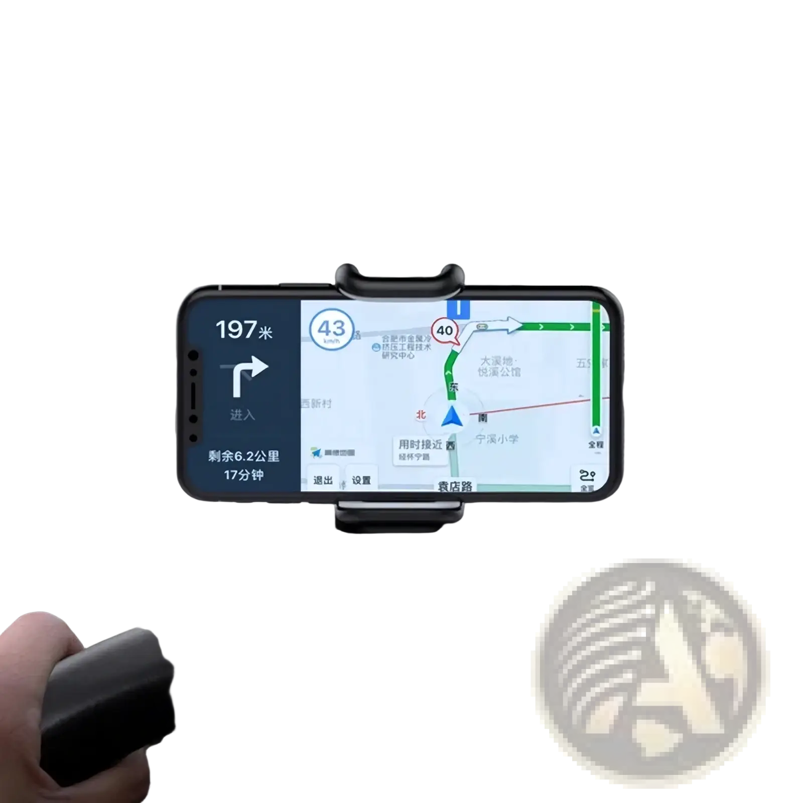 Black smartphone mounted on car windshield using a 360 rotatable universal dashboard mount car phone holder
