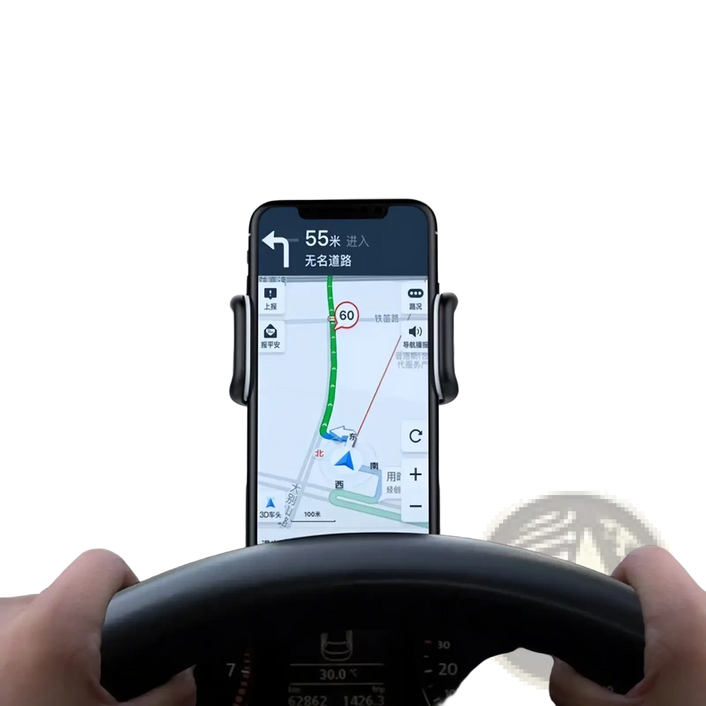 Black smartphone mounted on a 360 rotatable universal car phone holder displaying navigation app on dashboard