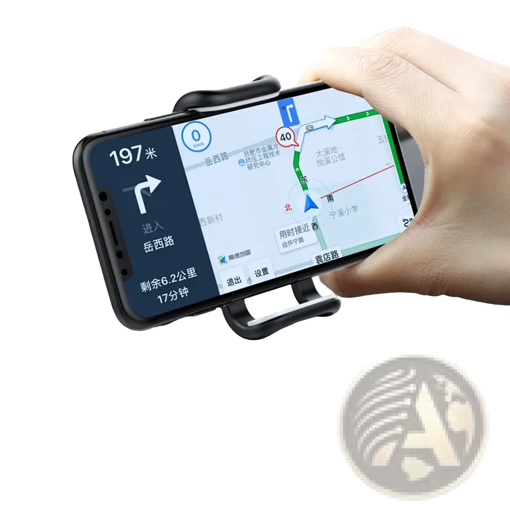 Black plastic car phone holder 360 rotatable dashboard mount holding smartphone displaying navigation