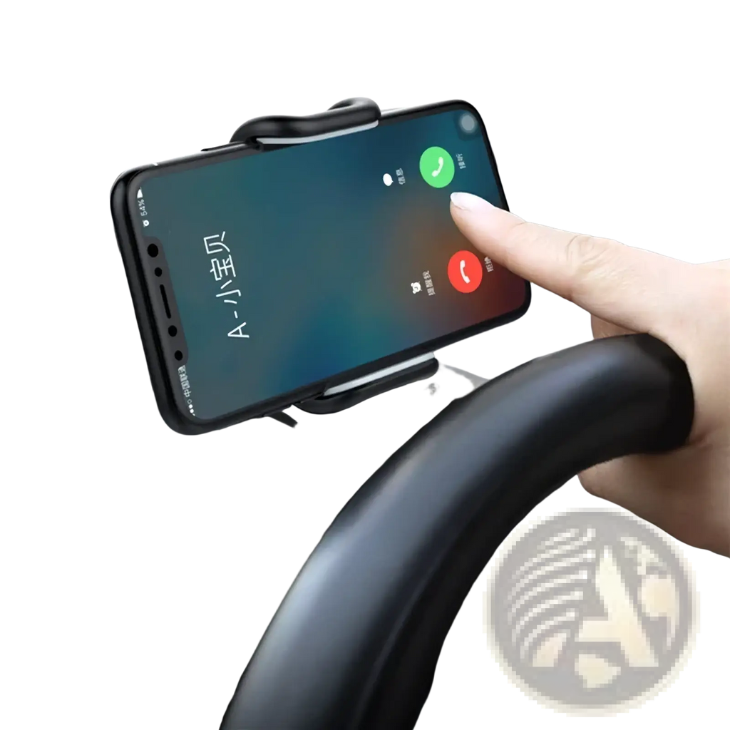 Black plastic car phone holder 360 rotatable dashboard mount securely holding a smartphone on the dashboard