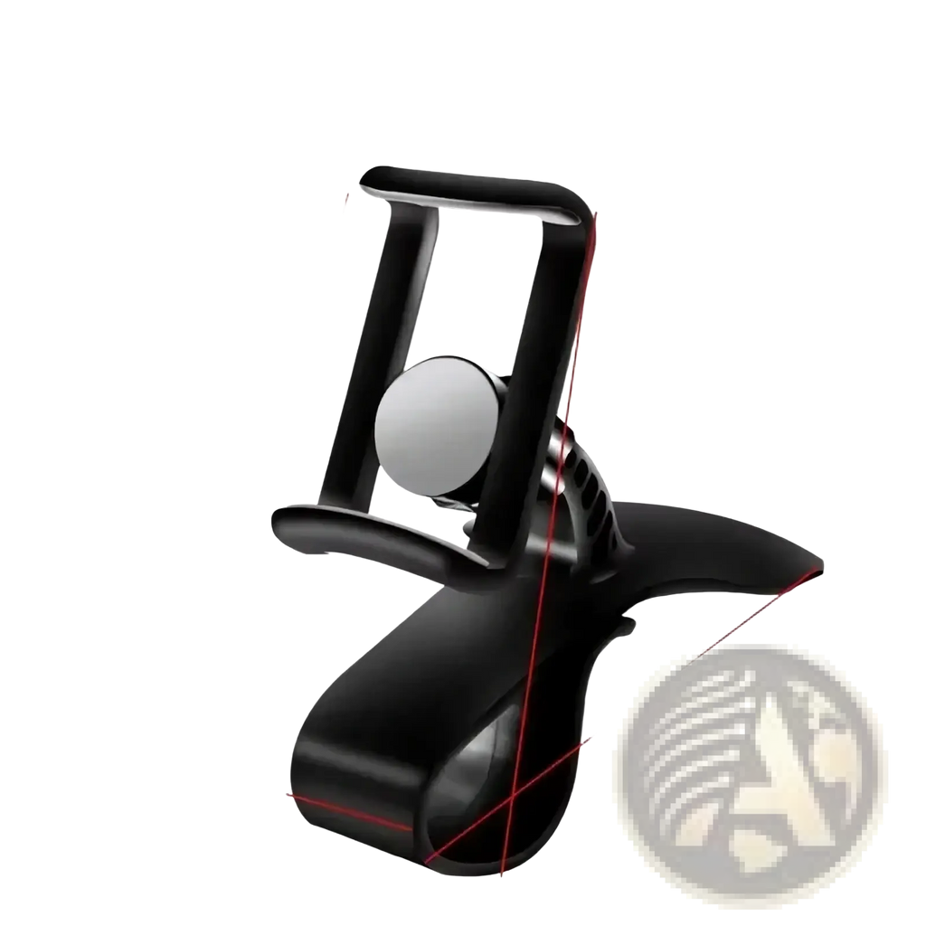 Black plastic car phone holder with silver magnetic center and adjustable clip for 360 rotatable dashboard mount